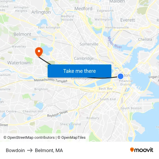Bowdoin to Belmont, MA map