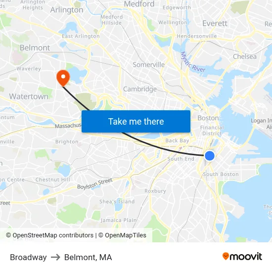 Broadway to Belmont, MA map