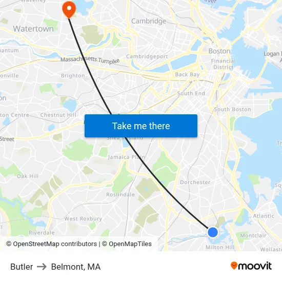 Butler to Belmont, MA map