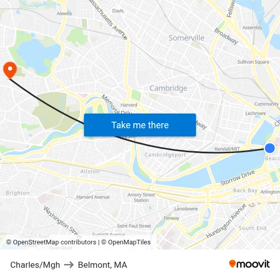Charles/Mgh to Belmont, MA map