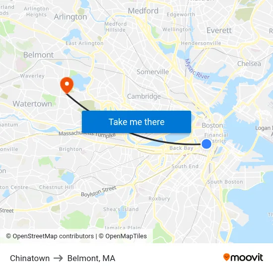 Chinatown to Belmont, MA map