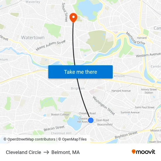 Cleveland Circle to Belmont, MA map
