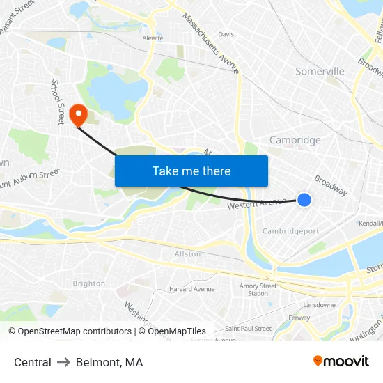Central to Belmont, MA map