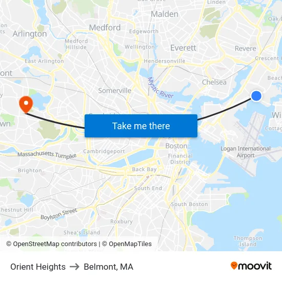 Orient Heights to Belmont, MA map