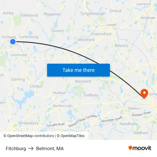 Fitchburg to Belmont, MA map