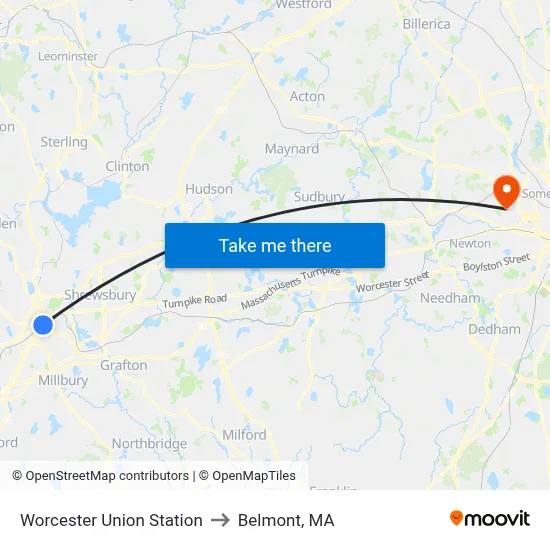 Worcester Union Station to Belmont, MA map