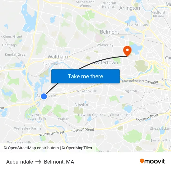 Auburndale to Belmont, MA map