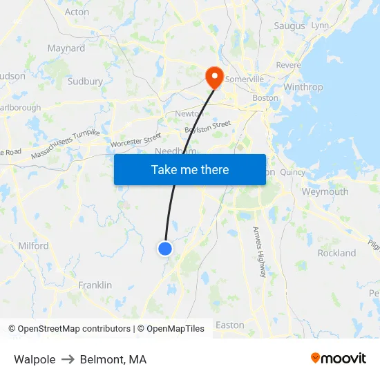 Walpole to Belmont, MA map