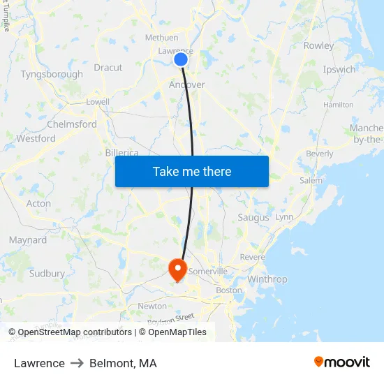 Lawrence to Belmont, MA map