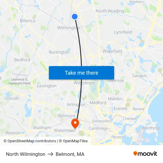 North Wilmington to Belmont, MA map
