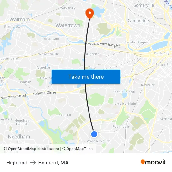 Highland to Belmont, MA map