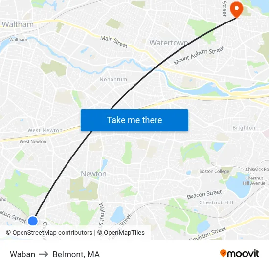 Waban to Belmont, MA map