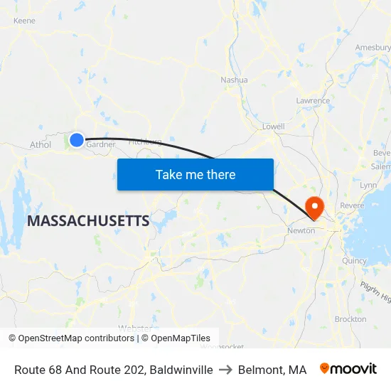 Route 68 And Route 202, Baldwinville to Belmont, MA map