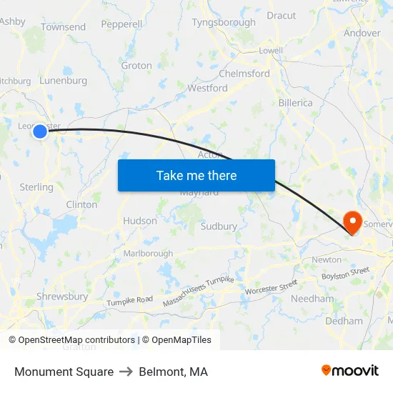 Monument Square to Belmont, MA map