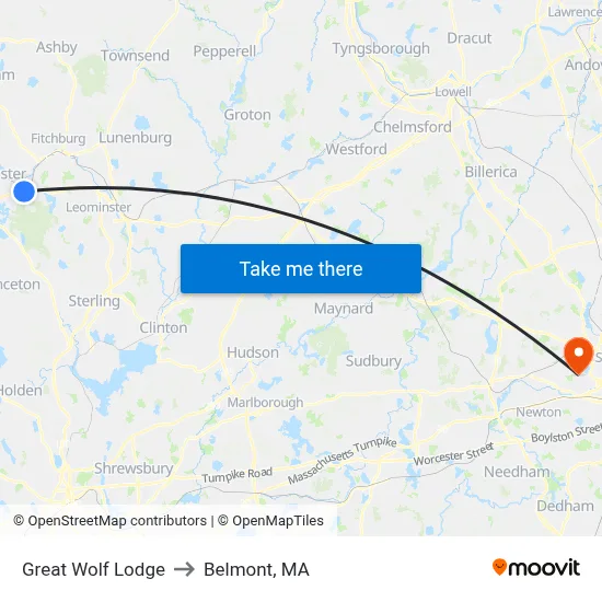 Great Wolf Lodge to Belmont, MA map