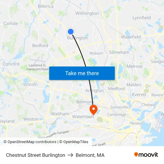 Chestnut Street Burlington to Belmont, MA map