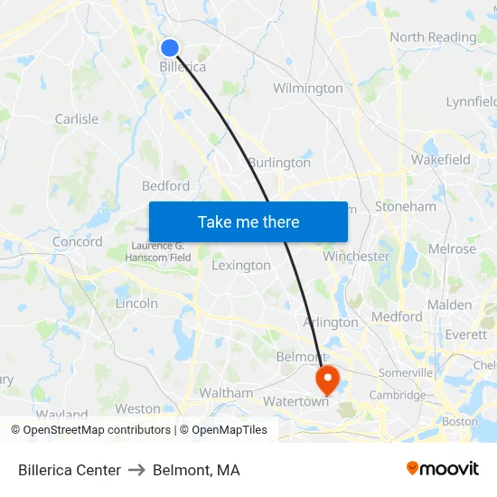Billerica Center to Belmont, MA map