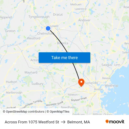 Across From 1075 Westford St to Belmont, MA map