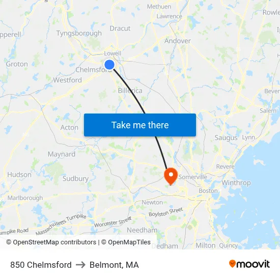 850 Chelmsford to Belmont, MA map
