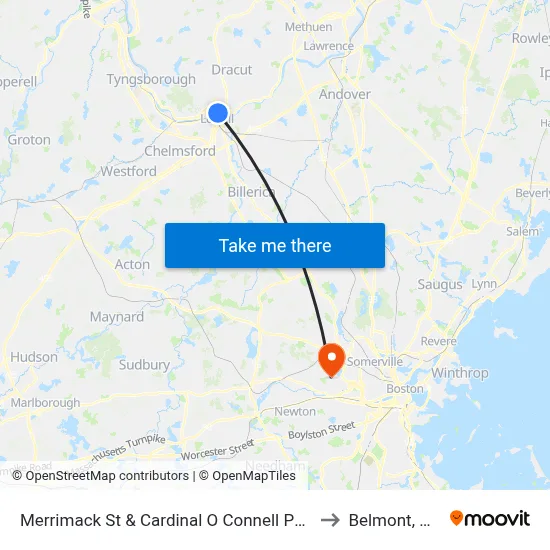 Merrimack St & Cardinal O Connell Pkwy to Belmont, MA map