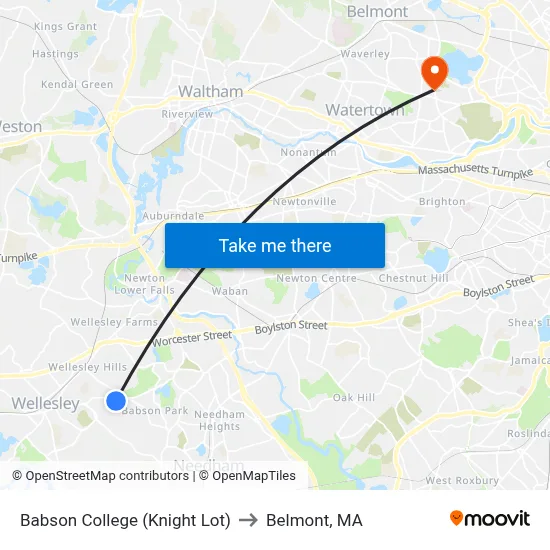 Babson College (Knight Lot) to Belmont, MA map