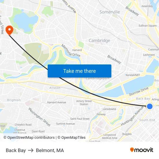 Back Bay to Belmont, MA map