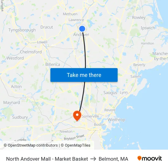 North Andover Mall - Market Basket to Belmont, MA map
