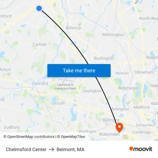 Chelmsford Center to Belmont, MA map