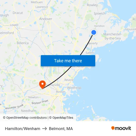 Hamilton/Wenham to Belmont, MA map