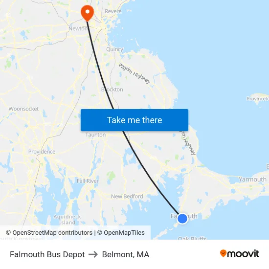 Falmouth Bus Depot to Belmont, MA map