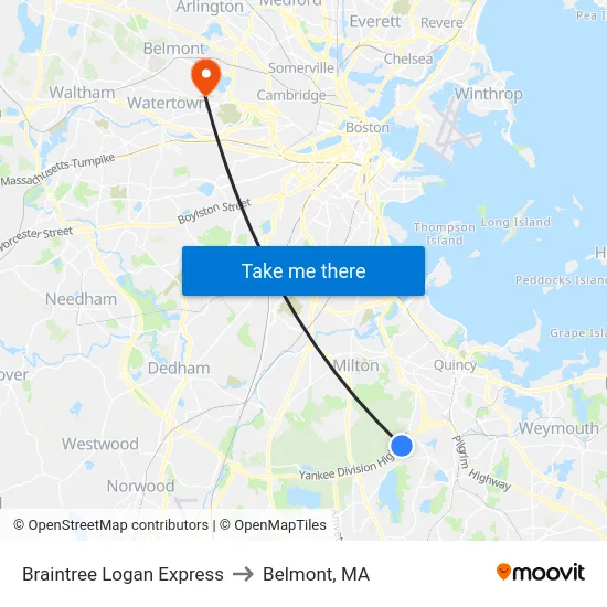 Braintree Logan Express to Belmont, MA map