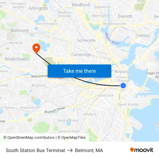South Station Bus Terminal to Belmont, MA map