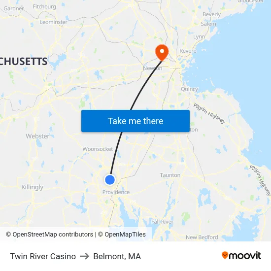 Twin River Casino to Belmont, MA map