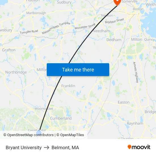 Bryant University to Belmont, MA map