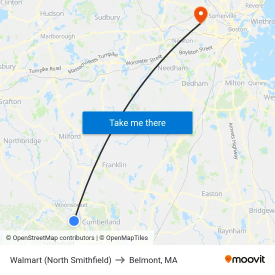 Walmart (North Smithfield) to Belmont, MA map