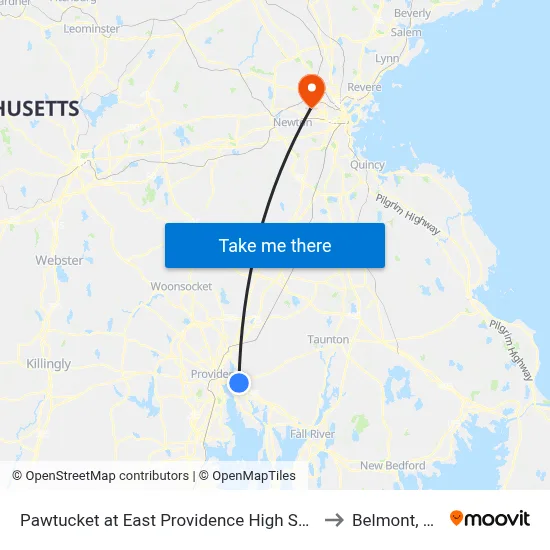 Pawtucket at East Providence High School to Belmont, MA map