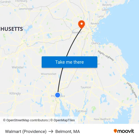Walmart (Providence) to Belmont, MA map