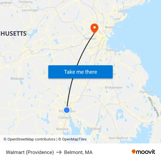 Walmart (Providence) to Belmont, MA map