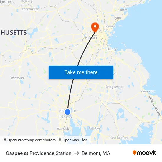 Gaspee at Providence Station to Belmont, MA map
