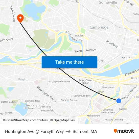 Huntington Ave @ Forsyth Way to Belmont, MA map