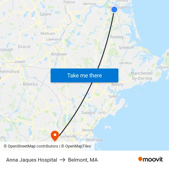 Anna Jaques Hospital to Belmont, MA map