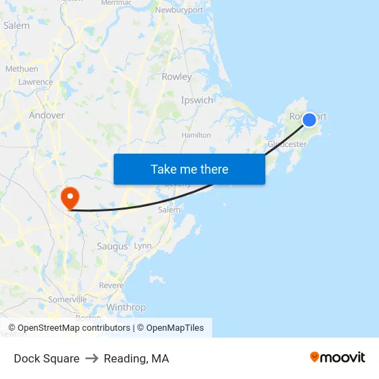 Dock Square to Reading, MA map