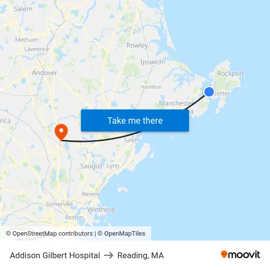 Addison Gilbert Hospital to Reading, MA map