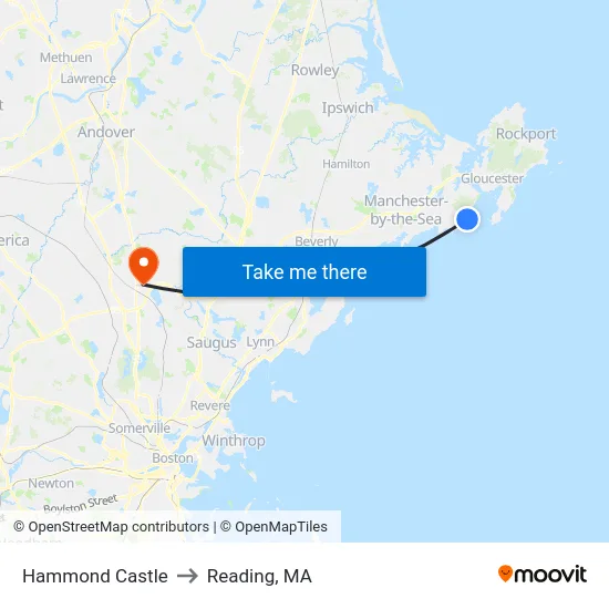 Hammond Castle to Reading, MA map