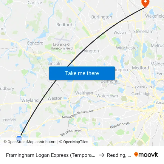 Framingham Logan Express (Temporary Stop) to Reading, MA map
