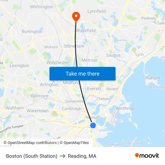 Boston (South Station) to Reading, MA map