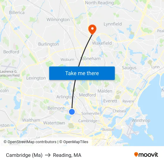 Cambridge (Ma) to Reading, MA map