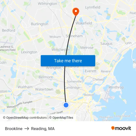 Brookline to Reading, MA map