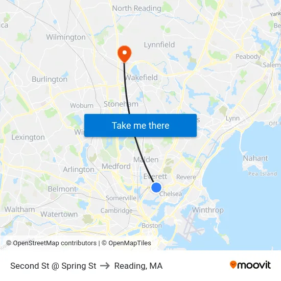 Second St @ Spring St to Reading, MA map