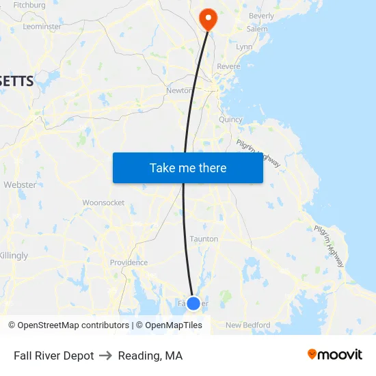 Fall River Depot to Reading, MA map
